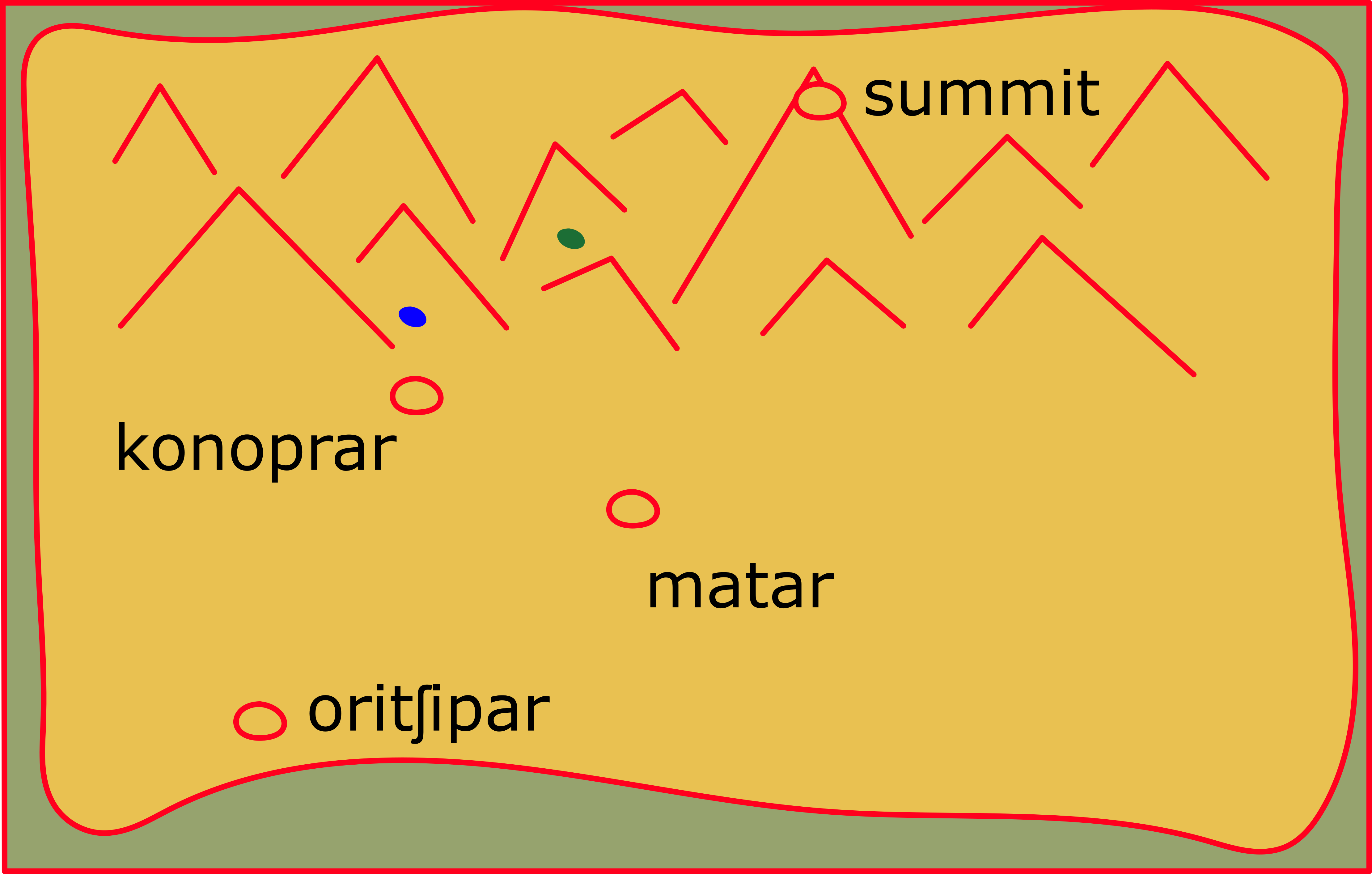a map, about half mountains at the top. oritshipar is at the south, matar is at the middle, and konoprar is near the base of the mountains. the tallest mountain is marked summit.