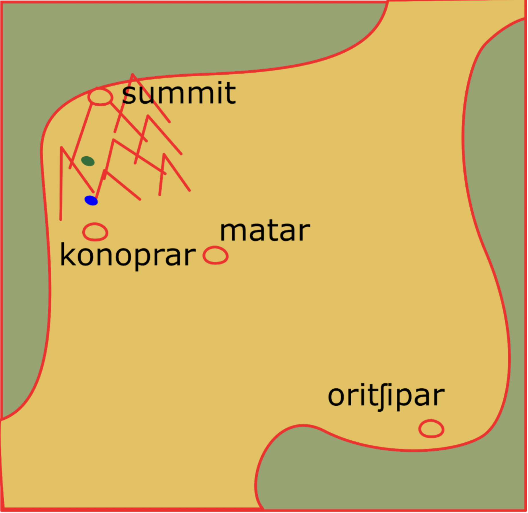 a map, with a mountain range clustered in the northwest of a landmass. the landmass is surrounded by water except for at the northeast and southwest corners. oritshipar is at the southeast, matar is at the middle, and konoprar is directly to the south of the mountain ranges. The tallest mountain pictured is marked summit.